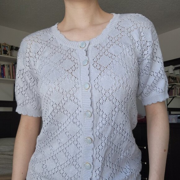 Vintage 70s pastel blue crochet short-sleeved button-up cardigan ✦ coastal grand - Picture 8 of 15